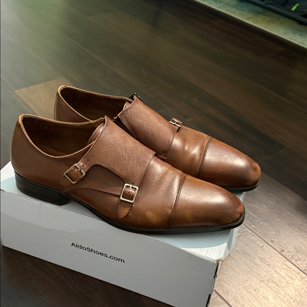 Aldo Cognac Brown Double Monk Strap Leather Dress Shoes - Picture 3 of 5